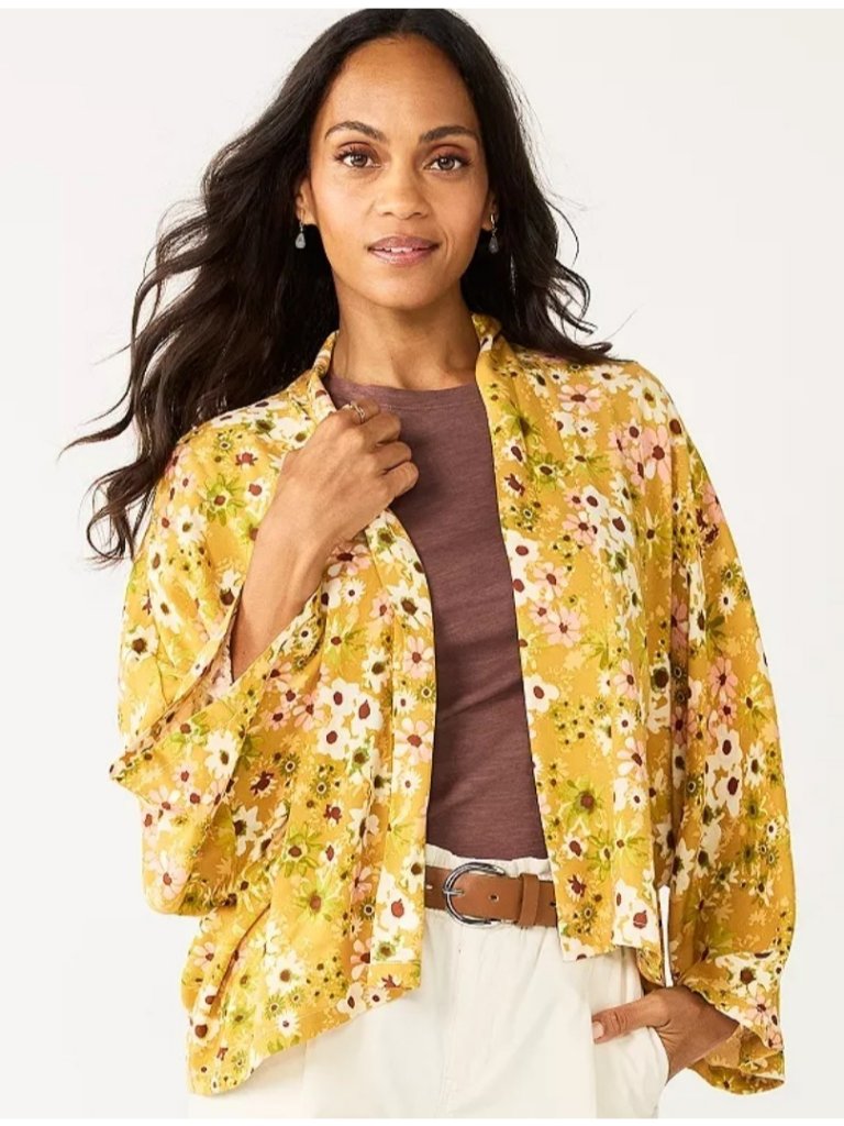 Sonoma Mustard Yellow Floral Print Cropped Cardigan Fits Like Medium